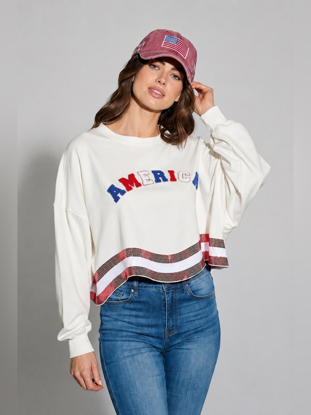 THE AMERICANA CREW LONG SLEEVE SEQUIN CROP PULLOVER SWEATER
White - Picture 5 of 12